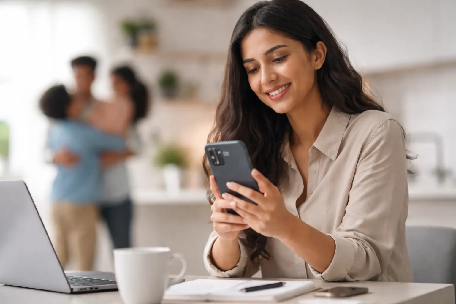 Woman smiling while using a Sitare smartphone at home